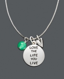 Stylish and inspirational, this charm necklace is a constant reminder to Love the Life You Live. Necklace crafted in sterling silver features a round tag charm, a heart charm, and a green bead charm. Approximate length: 18 inches. Approximate drop: 1 inch.