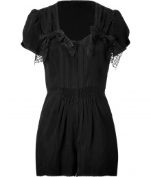 Add a stylish impact to your cocktail party look with this adorable jumpsuit from Anna Sui - Rounded neckline with lace bow details, puffed short sleeves, shirred waist, mini length, off-seam pockets, front zip closure - Style with peep-toe platforms and a statement clutch