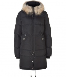 Stay warm in style with this down parka from Parajumpers - Fur trimmed hood with clasp closure, concealed front zip closure, long sleeves with logo at shoulder, zip pockets, side zips at hem, quilted, water resistant lining, back zip slit and drawstring - Style with skinny jeans, a cashmere sweater, and shearling boots