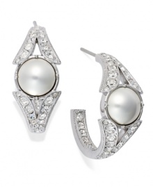 Classic hoops with a modern touch. Eliot Danori's hoop earrings feature simulated pearls with genuine mother-of-pearl coating at the center. Encircled with crystal accents. Set in rhodium-plated mixed metal. Approximate diameter: 3/4 inch.