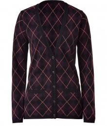 Luxurious cardigan in fine cashmere - Extra soft, classy quality - Stylish argyle pattern in black and iris - New, slim long style to just over the hip - Feminine fitted cut - With a deep V-neckline, two pockets and full-length button placket - Chic, yet casual, too - Style: casual with jeans, cool with leggings, elegant with a pencil skirt