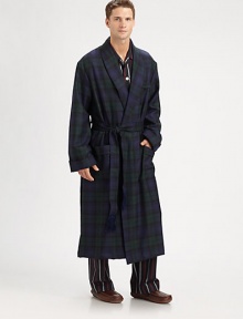 Start and end your day by lounging in this soothing, soft shawl collar robe woven in plaid-printed wool.Shawl collarTie beltChest, waist patch pocketsAbout 53 from shoulder to hemWoolDry cleanImported