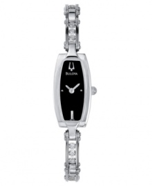 Turn up the heat with this dazzling watch by Bulova. Stainless steel & crystal-accented bracelet and rectangular case. Black dial with silvertone stick indice at six o'clock and logo. Quartz movement. Water resistant to 30 meters. Three-year warranty.