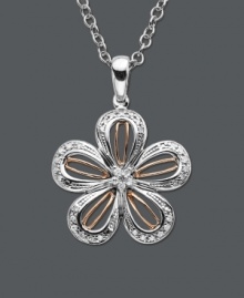 Freshen your style with springtime floral. Necklace features a chic flower pendant set in sterling silver with 14k rose gold accents and sparkling round-cut diamonds (1/8 ct. t.w.). Approximate length: 18 inches. Approximate drop: 3/4 inch.