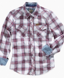 Traditional plaid is accented with contrasting interiors on the cuffs and collar to make this shirt from Epic Threads a classic piece of his wardrobe.