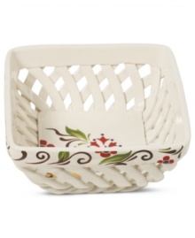 Hand painted with folksy florals inside and out, the Jardine bread basket by Eva Mendes delivers colorful fresh-for-spring style and everyday durability.