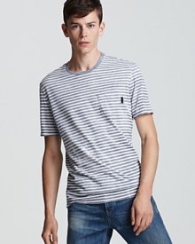 The handsome stripe pattern on this soft cotton tee gives your look an extra boost.