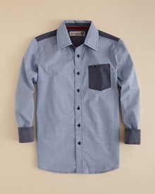 A handsome woven shirt is updated with contrast color accents at the pocket, cuff and yoke.