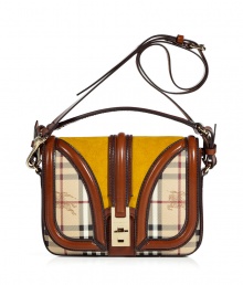 Luxury bag from iconic British brand, Burberry - Features traditional check pattern in classic beige with yellow contrasting inserts and a rich leather edging - Flap, short handle and long cross-body strap - Holds all the essentials and has a lockable inner compartment - Carry with a casual look or with an elegant dress