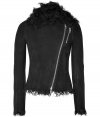 Make a stylish statement in this luxe shearling and suede jacket from McQ Alexander McQueen - Large shearling collar, asymmetrical zip closure, zip chest pockets, long sleeves, fitted silhouette, zipper-detailed cuffs, biker silhouette - Wear with skinny jeans, a cashmere sweater, and shearling ankle boots