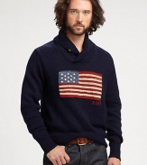 Crafted from a luxe linen-cotton blend, this star-spangled shawl-collar sweater salutes the flag in sharp style.Shawl collarRibbed knit collar, cuffs and hem55% linen/45% cottonDry cleanImported