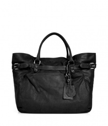 Contemporary looks get a kick of downtown-cool with Vanessa Brunos super soft black leather carryall tote - Magnetic top snap, luggage tag and key ring, belted top, inside zippered back wall pocket, zippered and two front wall slot pockets - Perfect for work or chic weekend getaways