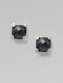 From the Linen Collection. An elegant faceted cushion of black onyx in a linen-textured sterling silver setting is gracefully accented by heart-shaped prongs, one of them in 18k gold with a diamond accent. Black onyx Diamonds, 0.008 tcw Sterling silver and 18k yellow gold Diameter, about 1¼ Post back Imported