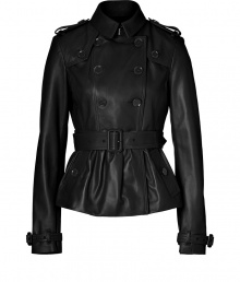 Iconic trench styling gets a chic urban remake in Burberry Londons ultra soft lambskin jacket, tailored to perfection with an impeccable short cut - Classic collar with hook closure, long sleeves with belted cuffs, epaulettes, gun flaps, double-breasted button-down front, belted waist, rain shield, ruffled hemline - Form-fitting - Pair with edgy separates and contemporary leather boots