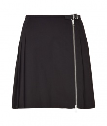 Coquettish yet full of edge, this pleated skirt from McQ Alexander McQueen gets a sexy kick with an exposed front zip - Flat front with buckle detail at waist and asymmetrical zip, pleated back, mini-length - Wear with a silk blouse, a blazer, and platform heels