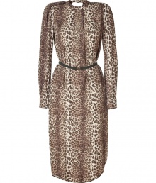 Statement-making and undeniably chic, this leopard-laden dress from Malene Birger takes your cocktail-ready look to new stylish heights - Stand collar, long puff sleeves, pleating at bodice and waist, elasticized waist belt, open back with button closure, curved asymmetric hem - Wear with a slim trench and metallic heels