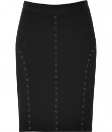 Flaunt your figure and you impeccable style in this grommet-detailed pencil skirt from Steffen Schraut - Wide waistband, pencil silhouette, seaming details with grommet embellishment, concealed back zip closure - Pair with a silk blouse, a fitted blazer, and platform heels