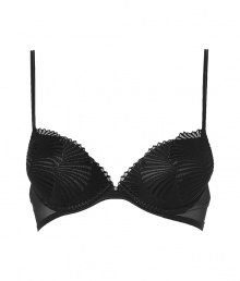 Luxurious push-up bra in fine black synthetic fiber blend - very comfortable and pleasant due to stretch content - elegant underwire bra with padded cups - noble shell optic embroidery - thin adjustable straps and hook closure - decorative pearl between the cups - ideal for plunging necklines - creates a dream cleavage - perfect snug fit - stylish, sexy, seductive - fits under (almost) all outfits