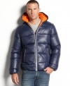 Bulk up on cold-weather style with this warm quilted, hooded jacket from Buffalo David Bitton.