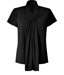 Raise the bar on contemporary classics with Steffen Schrauts elegant black short sleeve silk top -  Small stand up collar with decorative draped silk panel at front - Easy, feminine silhouette tapers gently through waist - Pair with a blazer or denim jacket and style with with pencil skirts, skinny denim or dress trousers