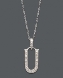 Spell it out in sparkle! This personalized initial charm necklace makes the perfect gift for Usha or Uma. Features sparkling, round-cut diamond accents. Setting and chain crafted in 14k white gold. Approximate length: 18 inches. Approximate drop: 1/2 inch.