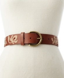 Country charm and a vintage vibe combine on this goes-with-everything belt by Fossil featuring floral embroidery.