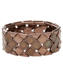 Move into neutral territory. Fossil's intricate diamond-patterned stretch bracelet comes brown ion-plated mixed metal with dyed-brown river shells. Bracelet stretches to fit wrist. Approximate diameter: 2-1/2 inches.