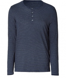 Stylish long sleeve shirt in fine dark blue cotton - Wonderfully soft and comfortable to wear - Fashionable stripes (navy/grey) - Classic slim cut in a henley style with a short button placket - Cool, trendy basic you can wear as a layering piece and also as a soloist - Wear with jeans and a cardigan or chinos and sneakers