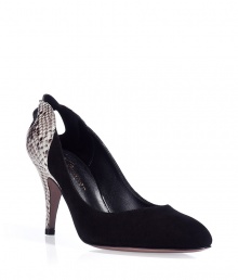 Luxurious pumps in fine black leather - Mega elegant and sophisticated - With a rounded toe and sturdy 9 cm (3.5) heel - Stylish snake print on the heel - Sides cut wide, your foot looks small and slender - A hit with a business suit, jeans, wide flared pants, a cocktail dress