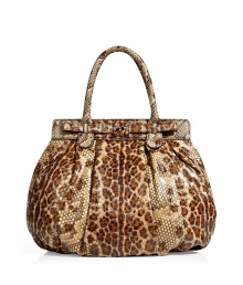 Leopard print goes ultra-luxe with the ultimate statement python bag from Zagliani - Modernized doctor shaped-bag, frame with bow detail, dual carrying handles, large slouchy shape, leopard-printed python, bold red lining - Pair with a slinky cocktail sheath and statement heels