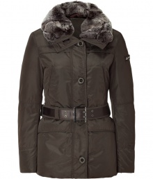 Your cold weather look just got more stylish with this luxe fitted down jacket from Peuterey - Large rabbit fur collar, concealed zipper closure, long sleeves with logo detail, belted waist, slim fit, water repellent - Wear with an elevated jeans-and-tee ensemble or a workweek-chic look