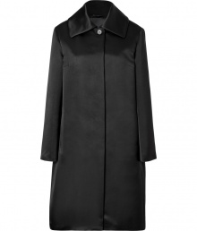 With its dressy luster and exquisite silk sateen, Jil Sanders jet black coat adds an immaculate polish to any outfit - Oversized spread collar, long sleeves, hidden snapped front, side slit pockets, back pleat, off-center vent - Straight silhouette, modern tailored fit - Wear with streamlined accessories and minimalist dresses