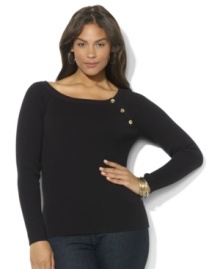 Polished signature buttons accent the sleeve of Lauren Ralph Lauren's sleek plus size boatneck sweater crafted from luxurious ribbed cotton.