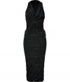 With its contemporary white flecked black jersey and ultra feminine silhouette, Donna Karans stretch dress is a understated glamorous choice for your most elegant evening affairs - Weighted cowl neckline, sleeveless, bloused elasticized waistline, balloon hemline, tailored at the waist with a black fabric covered belt - Form-fitting - Team with chic ankle boots and a dusting of sparkly fine jewelry