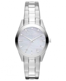 A menswear-inspired steel timepiece with a feminine silhouette by DKNY.