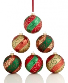 It's time to trim the tree with this set of 6 gorgeous Christmas ornaments, featuring traditional colors of the season with glitter details for extra shimmer and shine.