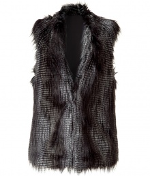 A stylish alternative to the classic jacket, this faux fur vest brings trend-right chic to your cold weather ensembles - Small shawl collar, sleeveless, front closure, faux fur - Pair with a cashmere pullover, skinny jeans, and over-the-knee boots