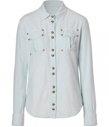 With a retro-inspired stud detail, this luxe button down from Balmain will effortlessly elevate your wardrobe basics - Spread collar, front button placket with dual-stud button detail, chest pockets with studs, asymmetrical rounded hem - Pair with leather leggings, buckle-detailed ankle boots, and a statement satchel