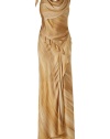 Luxurious evening dress in fine, saffron-yellow printed silk - delicate print and soft, exclusive quality - fashionable bias-cut, glamorously draped - with feminine neckline in a waterfall effect - sleeveless - slim, fitted close to the body and floor-length - with small fishtail - a dream of a dress, posh and mega elegant - with delicate sandals and an exclusive clutch