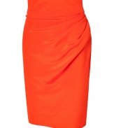 Luxe skirt in fine, pure silk crepe - A sumptuous summer standout from it-designer Sophie Theallet - On trend in lush tangerine - High waisted pencil cut with decorative drape detail at hips - Slim silhouette hits above the knee - Zips at back - Pair with dressy tanks and t-shirts or silk blouses and peep toe pumps or leather sandals