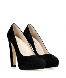 A modern take on the classic pump, this sleek suede version from Le Silla features a thick heel and streamlined styling - Rounded toe, front platform, high chunky heel, supple black suede - Wear with a tiered cocktail frock and a statement clutch