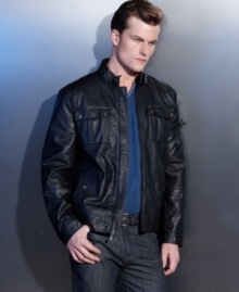 Keep your look sleek and streamlined with this cool, casual faux leather jacket from INC International Concepts.