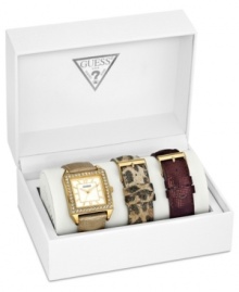 Keep a touch of sparkle on you at all times with this interchangeable watch set from GUESS. Includes three leather straps and one watch case.