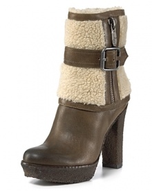 Cool and cozy, these strappy, shearling-detailed leather booties are the essence of cold-weather style. By Aqua.