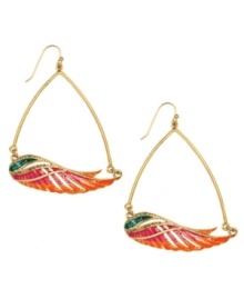 RACHEL Rachel Roy gives a classic pair of hoops a little extra lift! Intricate wings decorated by colorful epoxy, shimmering glass accents and a worn gold tone mixed metal setting. Approximate drop: 2-1/4 inches.