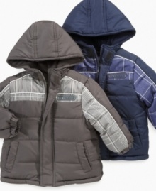 Give him a pop of plaid to pep up any cold-weather blues with this puffer jacket from iXtreme.