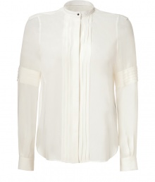 Both feminine and edgy with its uniquely placed pleating, Belstaffs pristine silk blouse is an ultra sleek choice - Short stand-up collar, long sleeves, push-button cuffs, hidden button-down front with push-button at throat, pleated front and sleeve detail, shirttail hemline - Softly tailored fit - Wear with edgy separates and slick leather accessories