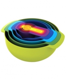 Create a smart space. Do more, make more and have more on hand to conquer every recipe you love with this nesting mixing bowl set. The innovative design is great for easy storage, especially in small spaces, and includes everything from mixing bowls to a colander to measuring cups.