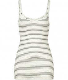 Stylish tank top in fine, Pima cotton and modal blend - Super-soft, ultra-lightweight material is gently ribbed - Chic, black horizontal stripe motif - Fitted style tapers gently at waist - Slim straps and scoop neck - Long, lean silhouette hits below the hips - Wear solo or pair with a long cardigan or blazer and skinny denim, a mini skirt or slim trousers