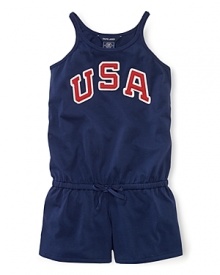 A red, white and blue design with USA patching gives a preppy, all-American look to a pretty warm-weather romper in celebration of Team USA's participation in the 2012 Olympics.